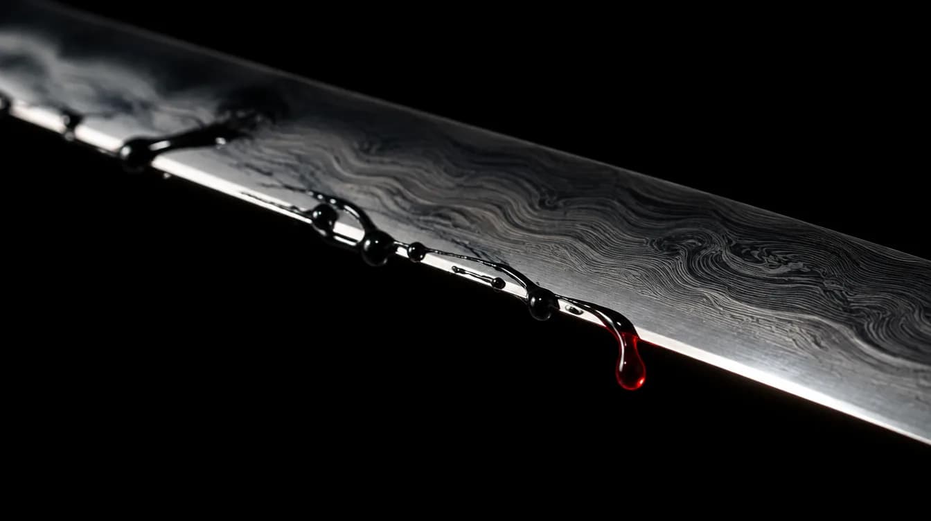 A sword blade with drops of black ink and a single drop of red
