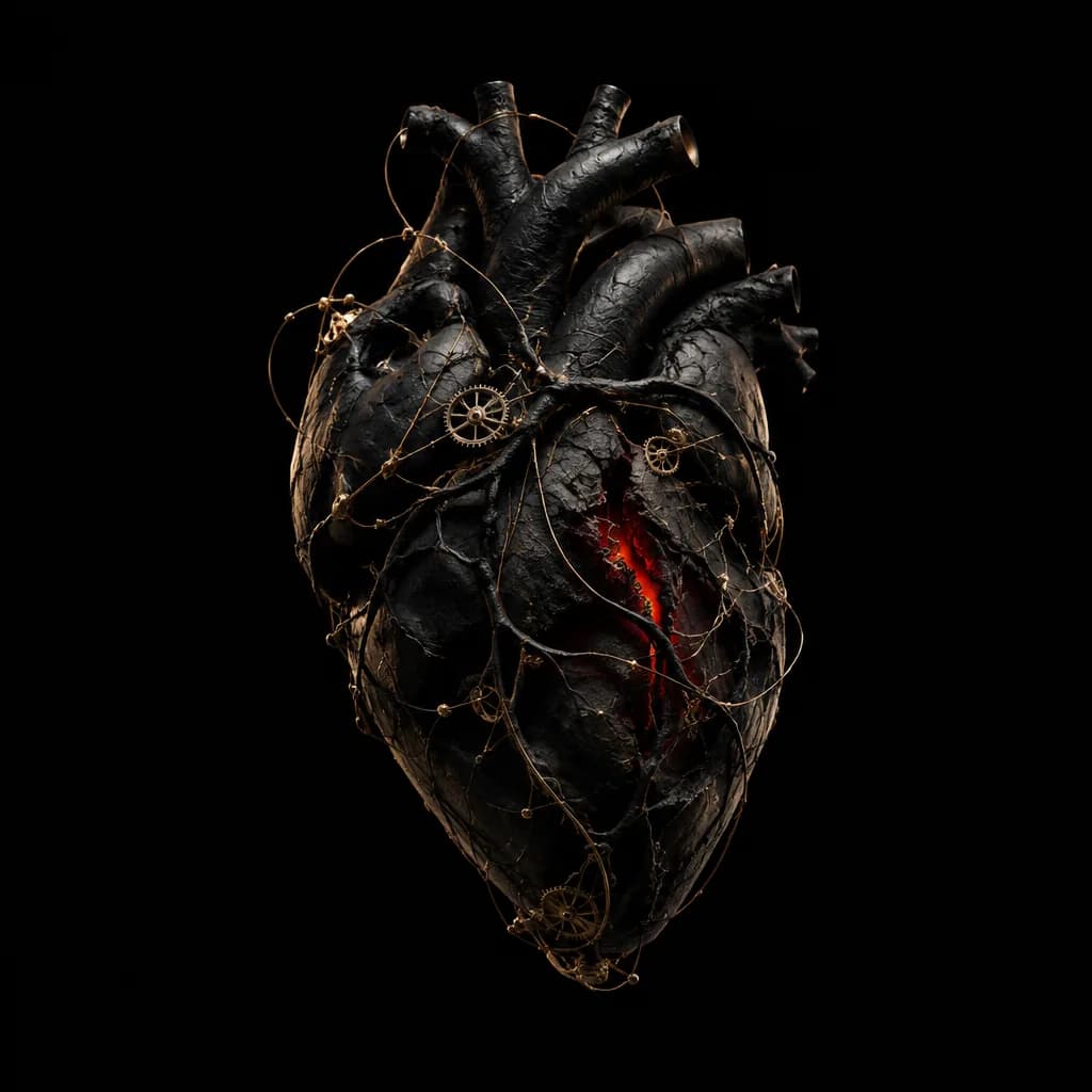 A black heart wrapped in ink veins and brass gears, cracked open with a red glow