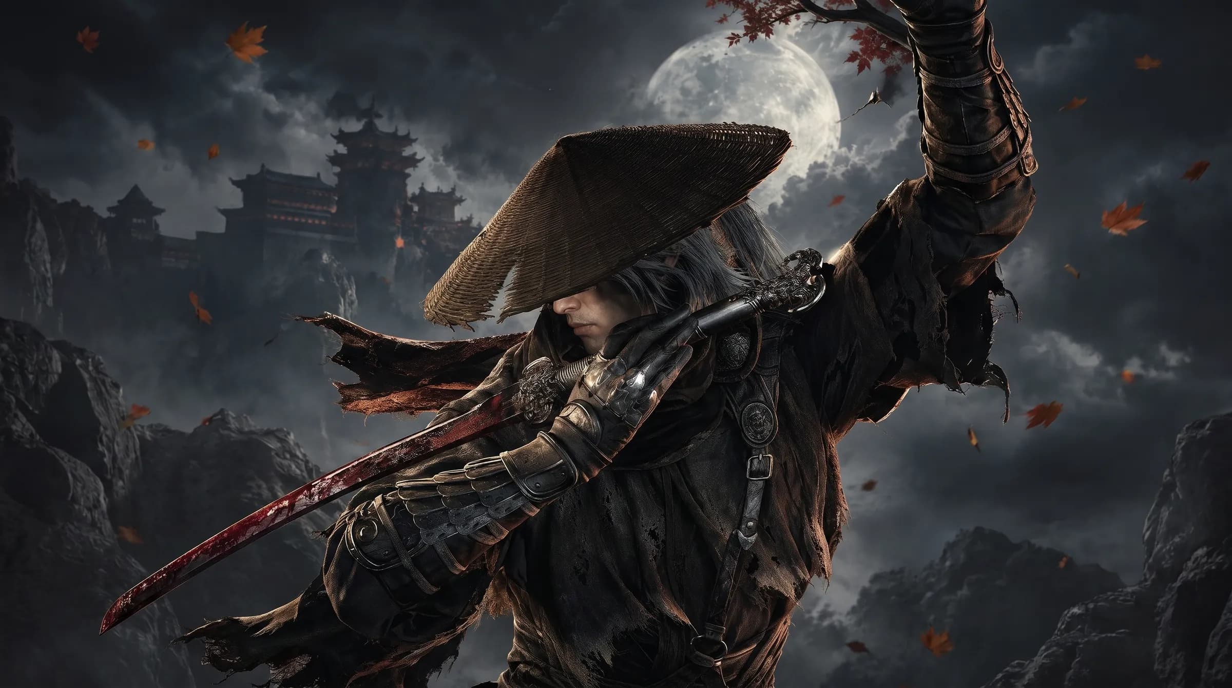 Soul, a swordsman in a straw hat holding a bloodied blade under a full moon