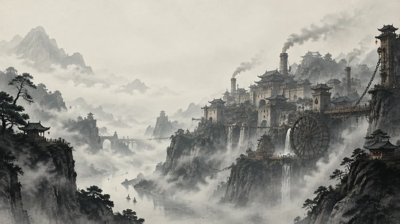 A fortress city on misty cliffs with iron chimneys and a giant waterwheel